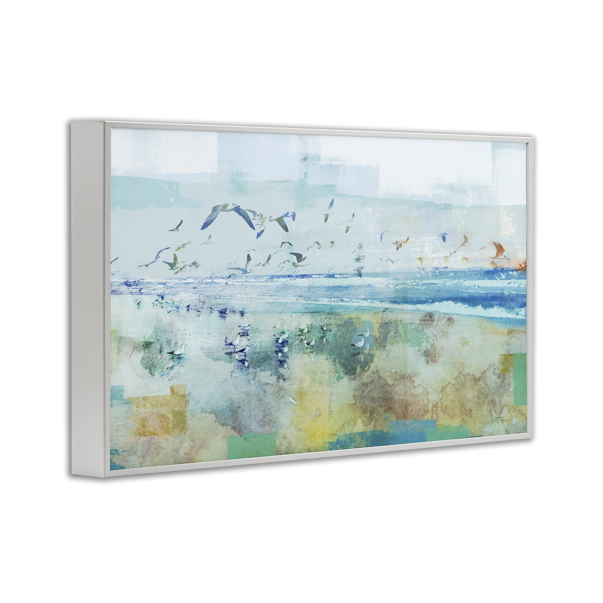 Stupell Industries Abstract Birds Over Beach Abstract Painting White Framed Art Print Wall Art, 18 x 12