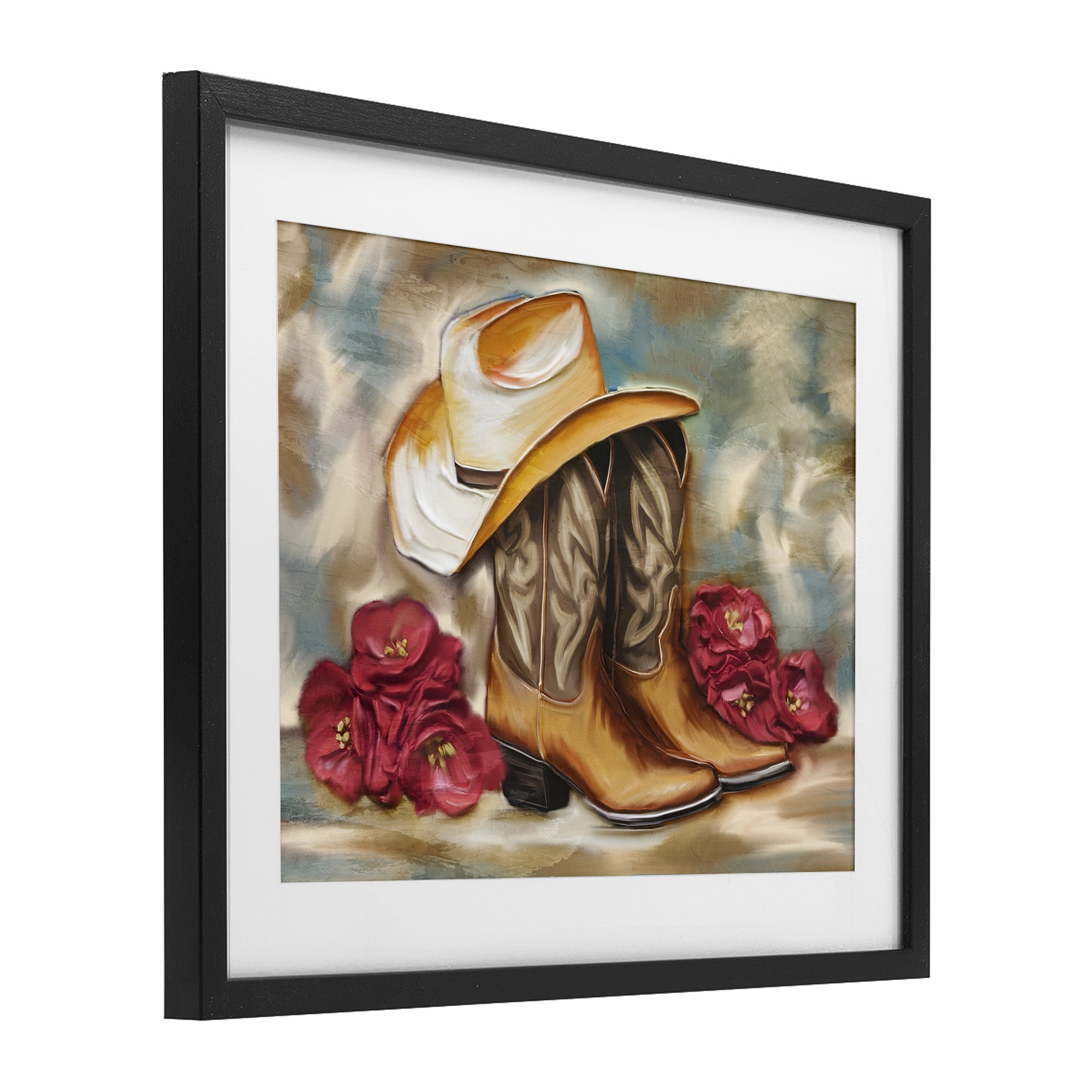 Boots & Floral Bunches Black Framed Print Under Glass, design by Kim Allen
