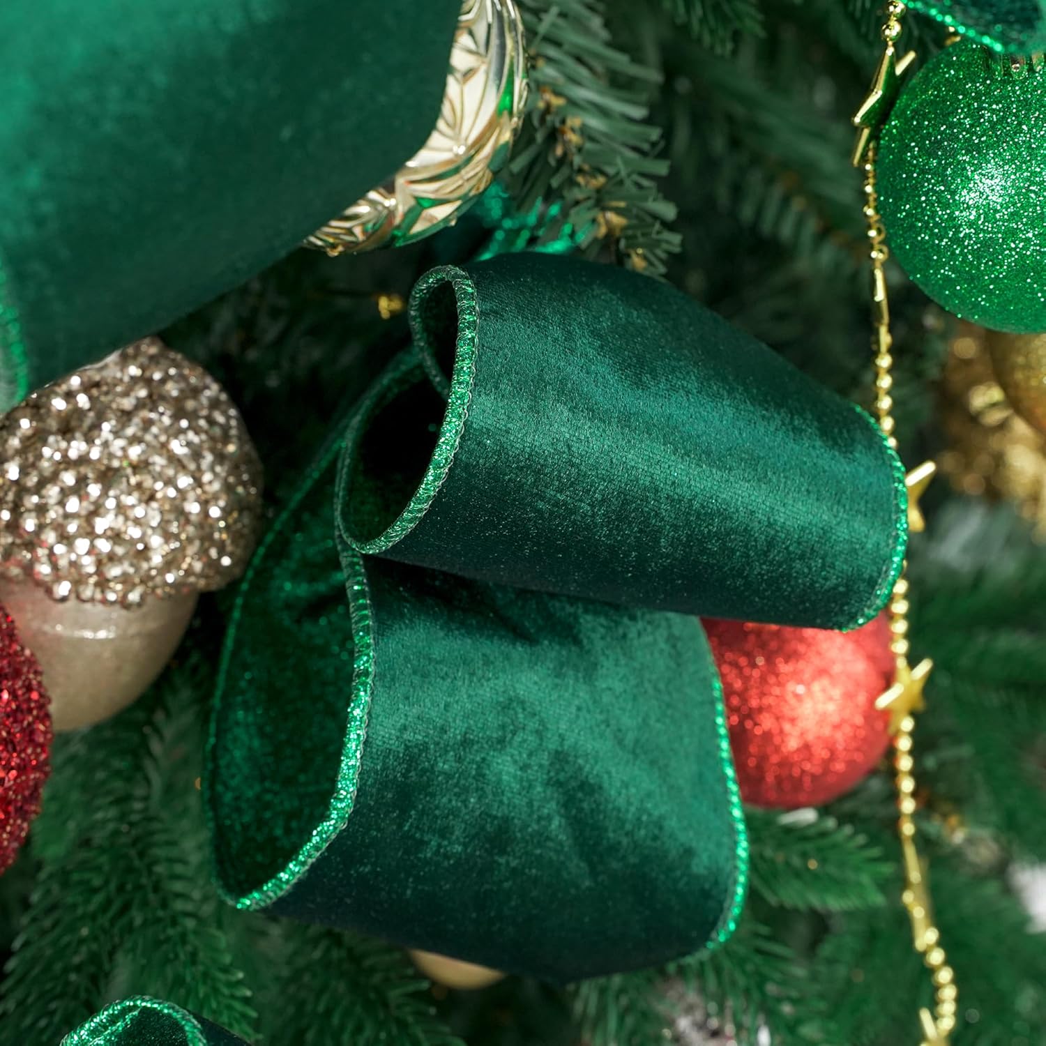 Velvet Wired Ribbon 4 Inch Forest Green Christmas Tree Double-Sided Glitter Wire for Wreaths, Tree Top Bows, Garland, Staircases, Decor Crafts - 10 Yards