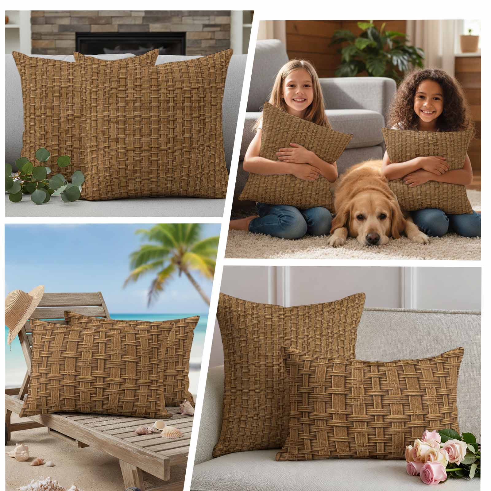 Outdoor Waterproof Throw Pillow Covers Set of 2 Brown Rattan Decorative Pillowcases Lumbar Outdoor Pillows Cushion Case 20x12 Inch Vintage Striped Lines Patio Pillows for Couch Sofa Bed Garden