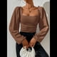 thumbnail image 4 of Blusa Corta de Larga con Cuello Cuadrado y Mangas Abullonadas para Mujer Marrón Oscuro M, 4 of 10