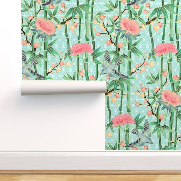 Peel-and-Stick Removable Wallpaper Bamboo Asian Blue Green Pink Birds
