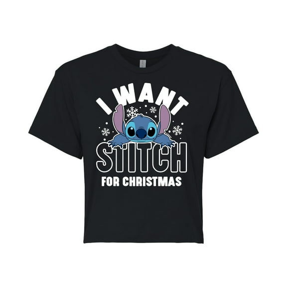 Lilo & Stitch - I Want A Stitch For Christmas - Juniors Cropped Cotton Blend T-Shirt