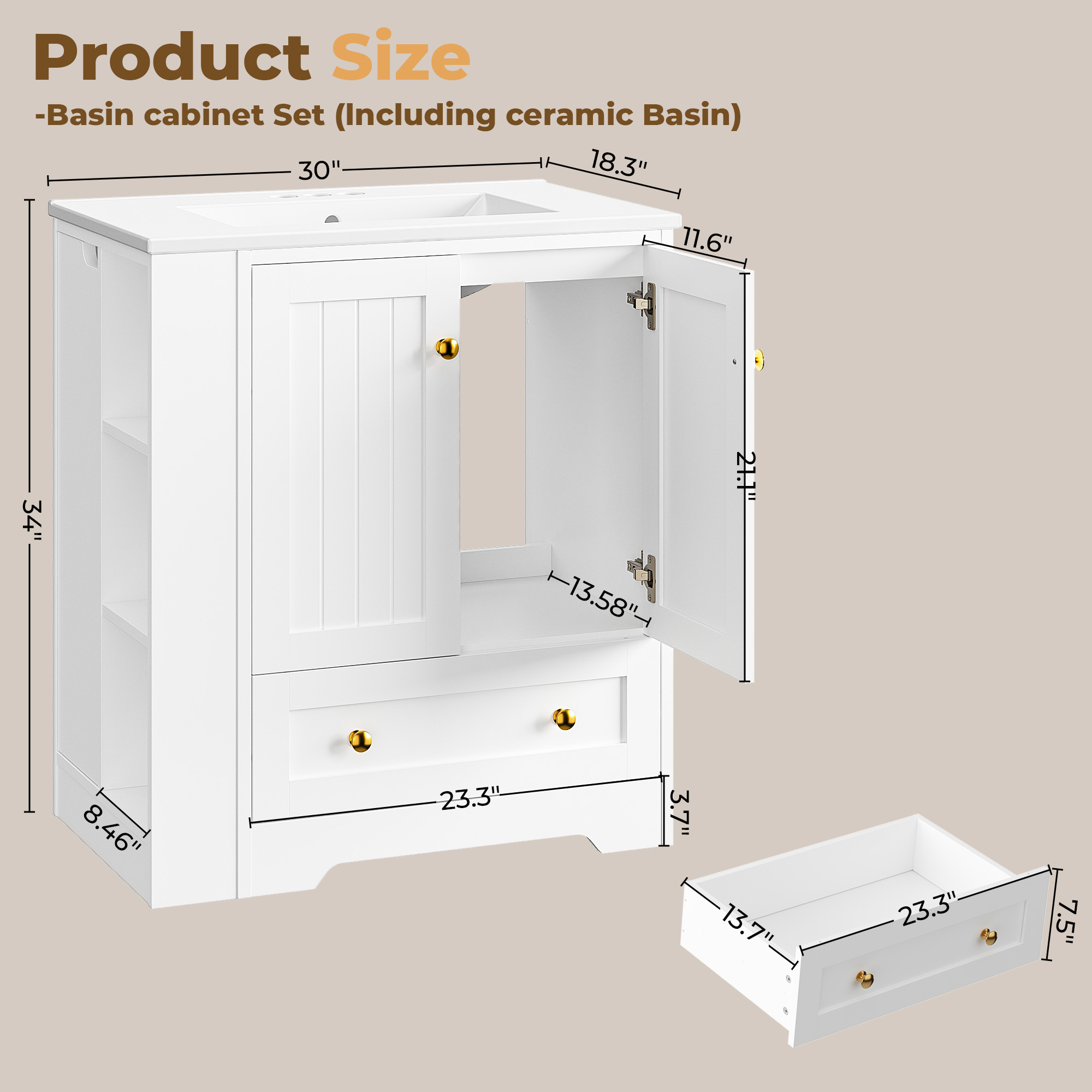 IRONCK 30" Bathroom Vanity with Ceramic Sink, Freestanding Bathroom Cabinet with Drawers, Doors and Side Storage, White