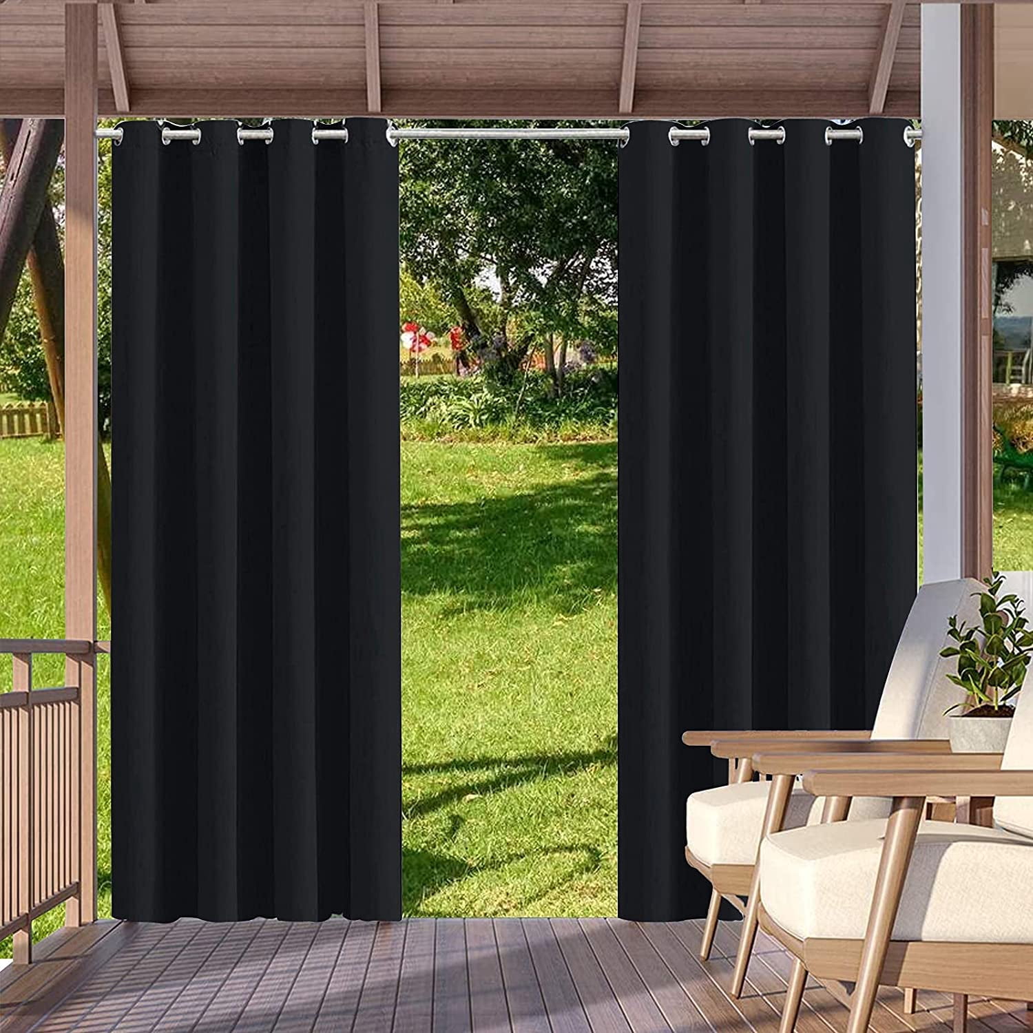 (4 Panel) Gazebo Patio Outdoor Curtains -Waterproof Garden Blackout Thermal Insulated Sun Shades Grommet Privacy Curtain for Pergola Porch, Black, W52 x L108 in