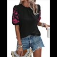 thumbnail image 3 of Blusas Texturizadas con Bordado Floral para Mujer, Cuello Redondo, Corta Abullonada, Informales, Holgadas, Lisas, Bordadas, Negras, XL, 3 of 9