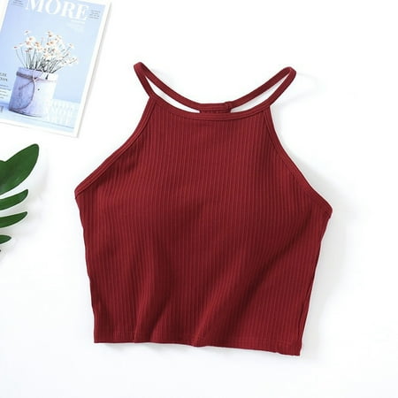 Summer Tank Tops for Women 2025 Vacation Womens Ribbed Tank Top Women s Solid Color Threaded Chest Pad with Navel Strap Hanging Neck with Bra Thin Shoulder Strap Cup and Cup Integrated Sports Top S