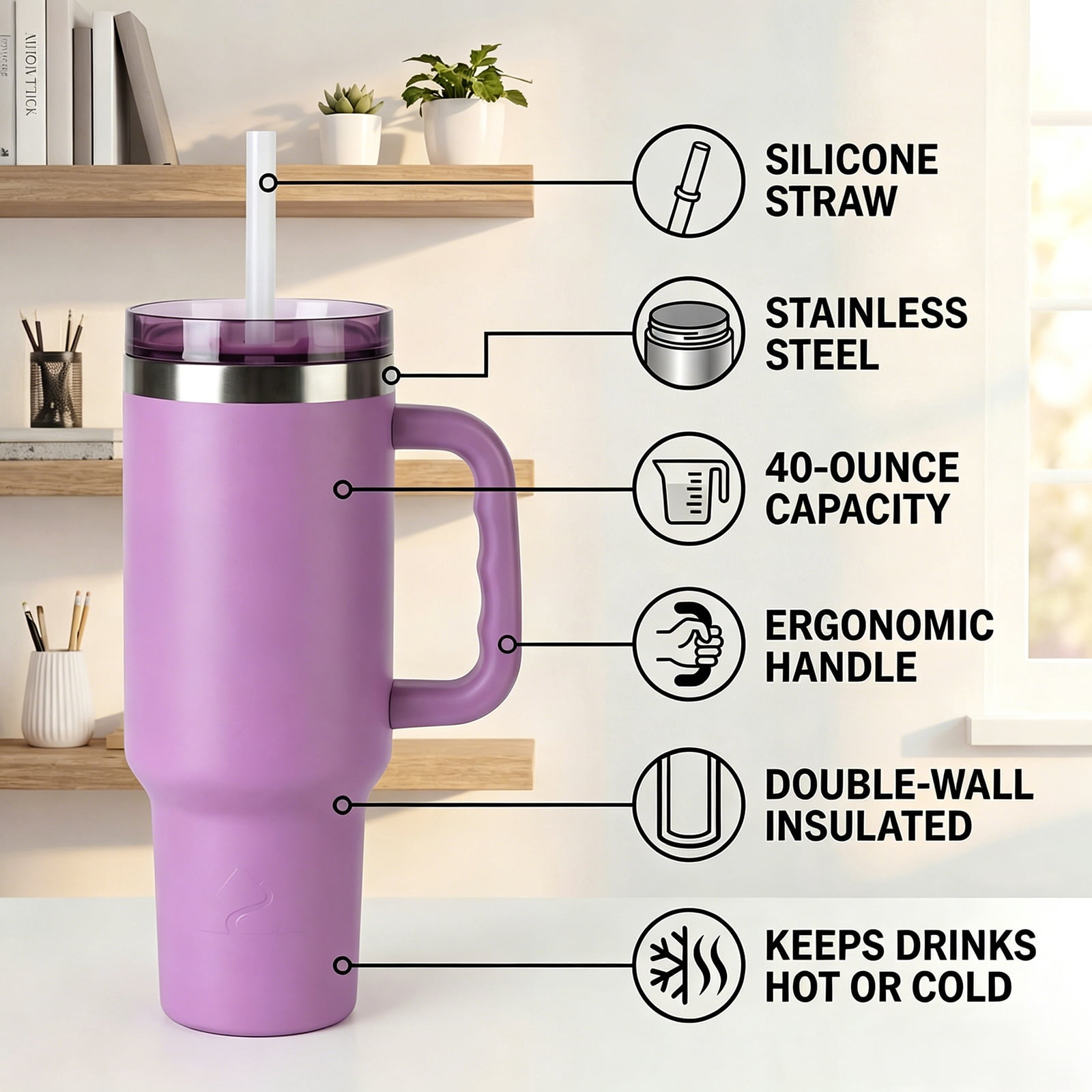 Ozark Trail 40 oz Stainless Steel Insulated Tumbler with Handle, New Lilac