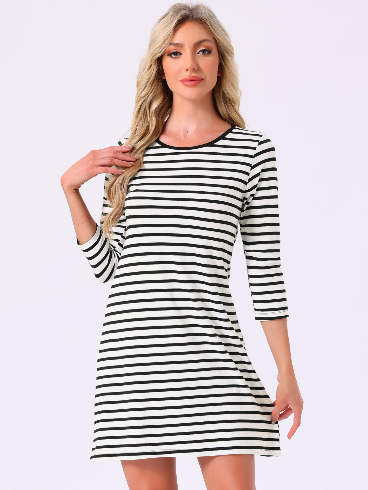 DARING DIVA Women's Cotton Stripe 3/4 Sleeve Round Neck Midi Sleepdress S Black
