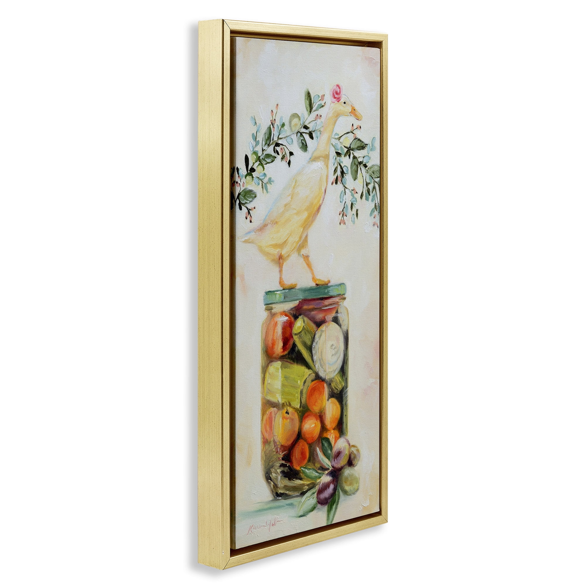 Stupell Industries Charming Goose on Vegetable Jar Animals & Insects Painting Gold Floater Framed Canvas Art Print Wall Art, 15 x 31