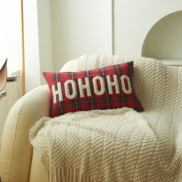Nueva funda de almohada con estampado navideño, funda de cojín bordada con letras a cuadros rojos y verdes, funda de cojín de tela para el hogar