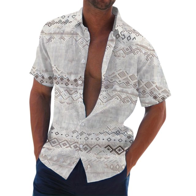 Men's Summer New Loose Print Short Sleeve Shirt Cardigan Beach Shirt M