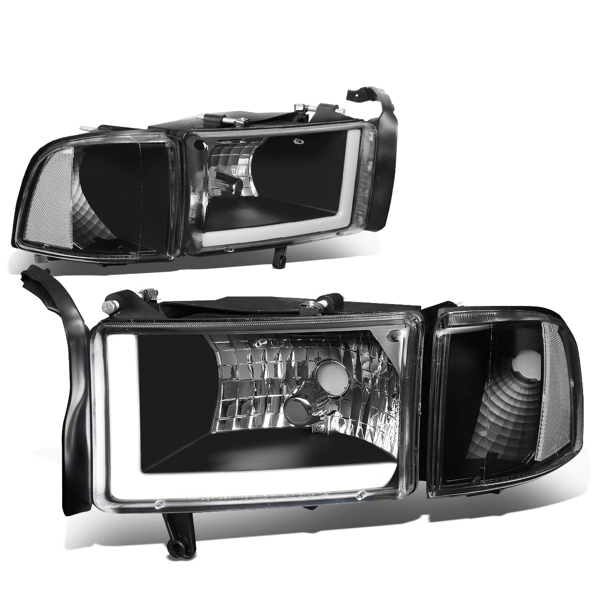 Set of One Pieces Style Black Headlights w/ LED for 1994-2001 Dodge Ram Pickup 