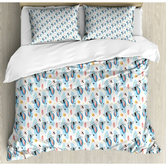 Tropical Duvet Cover Set Queen Size, Lotus Leaves Oriental Folklore Composition in Pastel Colors Ornamental Abstraction, Decorative 3 Piece Bedding Set with 2 Pillow Shams, Multicolor, by Ambesonne
