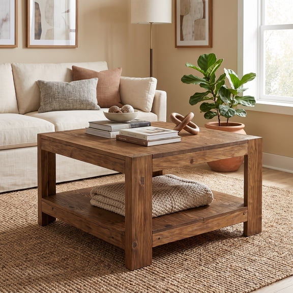 Fnova 31.5" Square 2‑Tier Solid‑Wood Coffee Table, Sturdy Thickened Tabletop with Open Storage Shelf for Living Room, Farmhouse Home Decor
