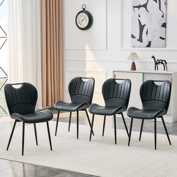 ExtraLco Dining Chairs Set for 4, Black PU Chairs with Black Metal Frame and Handle for Dining Room
