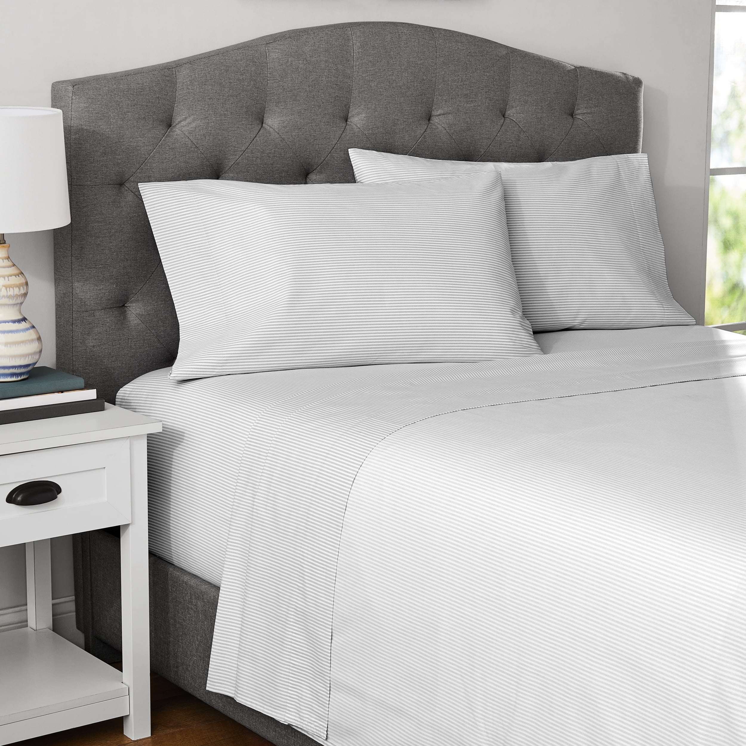 Mainstays 4-Piece 300 Thread Count Grey Stripe- CVC Cotton Blend Bed Sheet Set, King(Adult), King Sheet Set