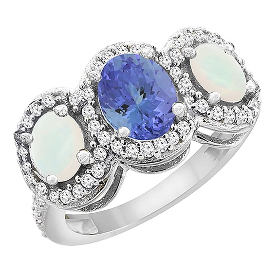 10K White Gold Natural Tanzanite & Opal 3-Stone Ring Oval Diamond Accent, size 8