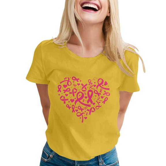 Jamsmile Women T-Shirts Casual Cancer Awareness Month Tee Shirts Tops Short Sleeve Pink Ribbon Print Ladies Tshirts