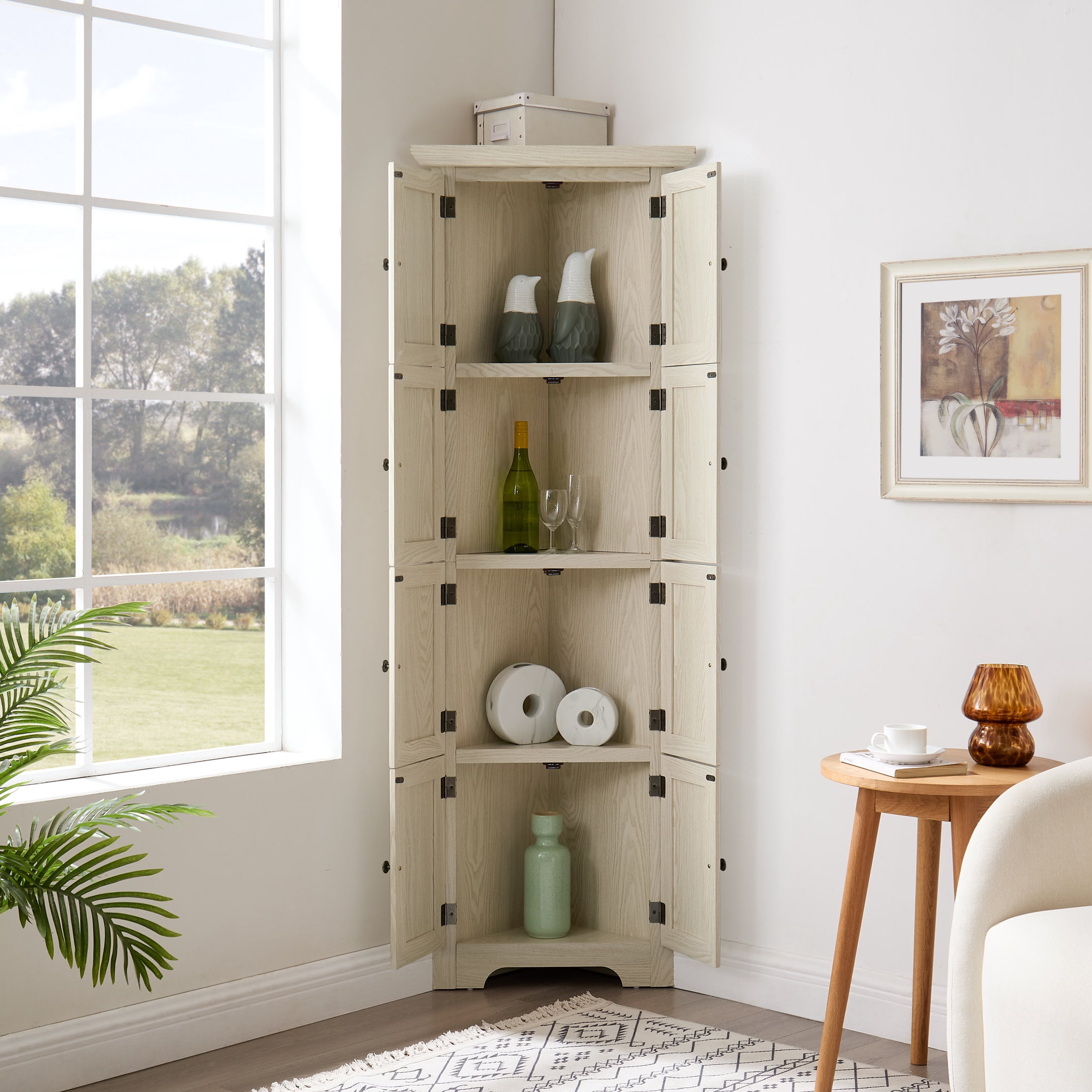 Noble House Willow 72" Corner Pantry Cabinet, 4-Tier Tall Kitchen Storage Bookshelf with Soft Close Doors, White
