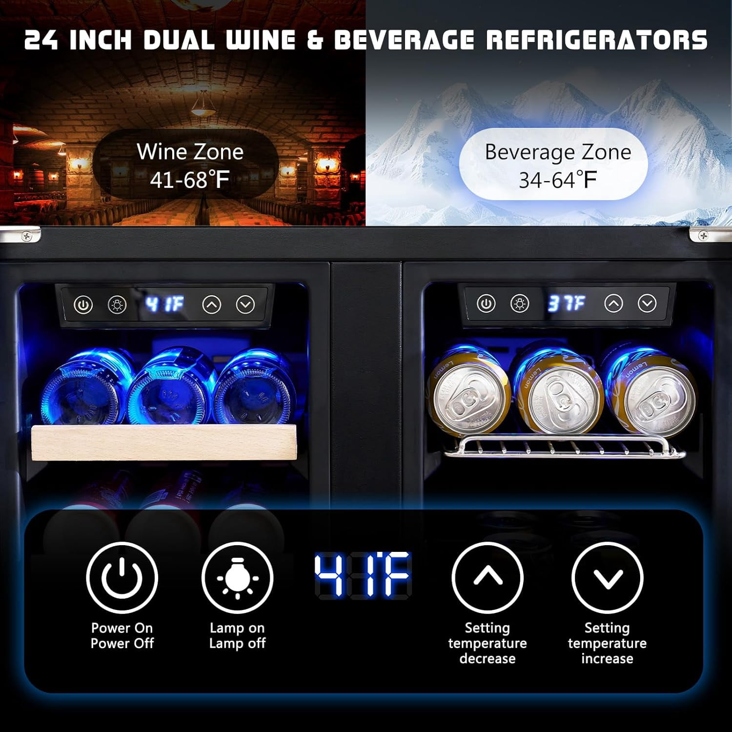 Jocisland Beverage Refrigerator-24 in Fridge Cooler Dual Zone with Glass Door, Under Counter/Freestanding Wine, for Kitchen, 34-64℉, 41-68℉