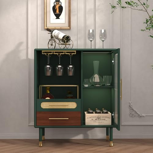 ARTPOWER Modern Coffee Bar Cabinet with Wine Glass Rack and Drawers, Green Liquor Cabinet with Pull-Out Wine Storage for Kitchen, Dining Room, Living Room