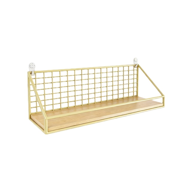 Deeceymbur No Drill Wall Mounted Shelves Yellow Mesh Wood Rack for Living Room Study Home Organization Decor