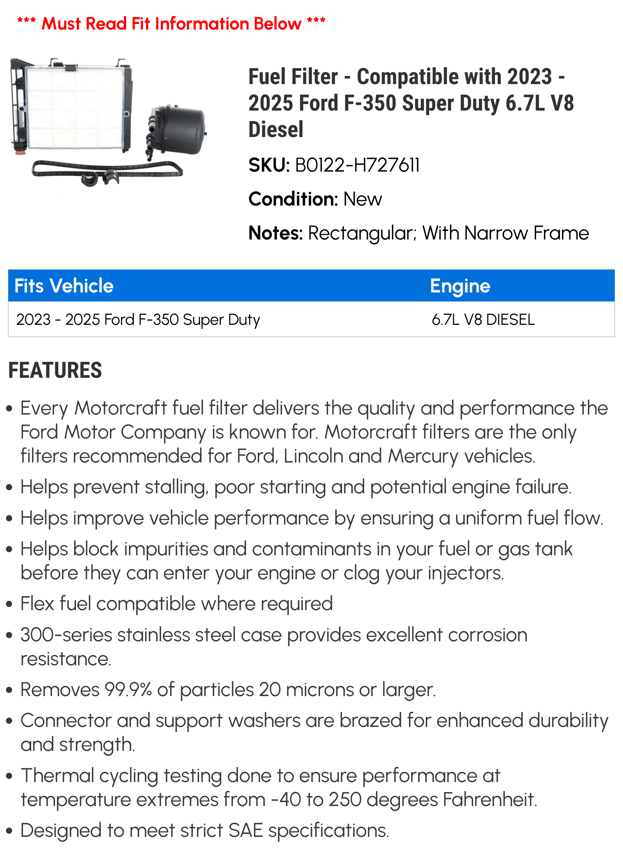 Fuel Filter - Compatible with 2023 - 2025 Ford F-350 Super Duty 6.7L V8 Diesel 2024