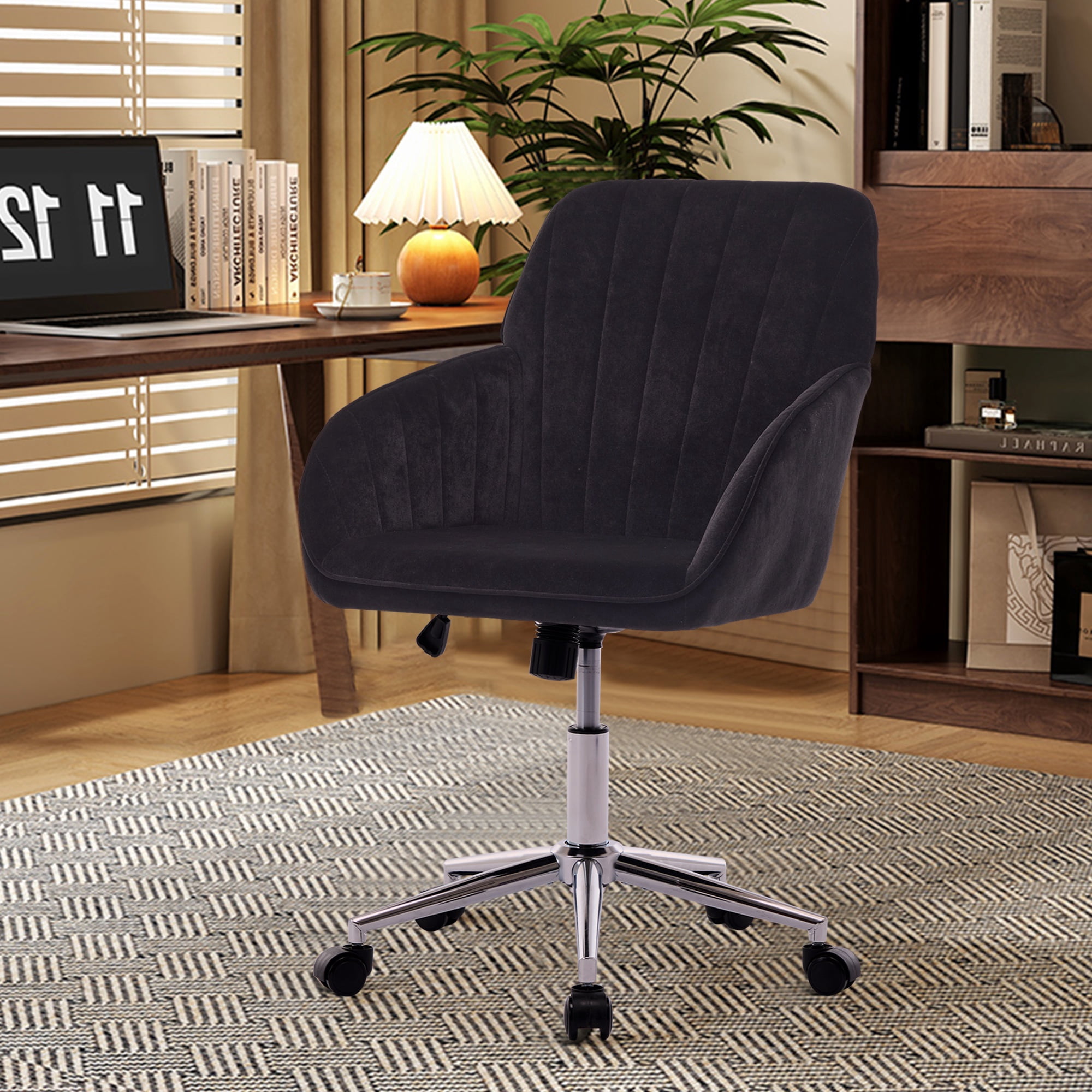 PORKISS Upholstered Desk Chair with Wheels, Ergonomic Adjustable Office Chair, Swivel Computer Task Chair with Velvet for Home Living Room Bedroom Workspace, Black
