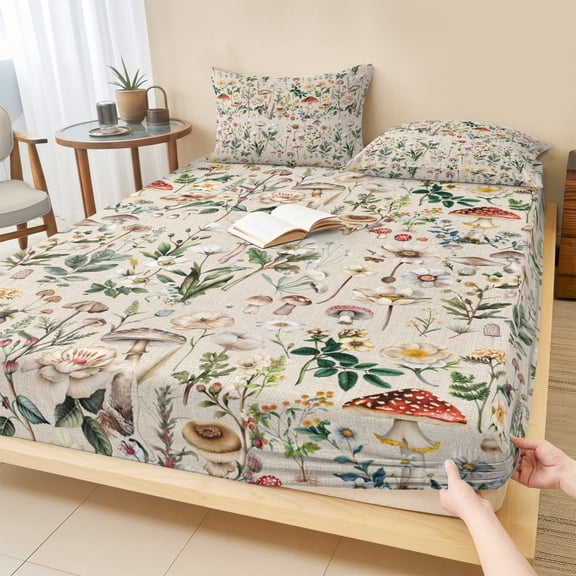 Queen Size Fitted Sheet Set - Pastoral Botanical 3 Piece Bedding Sets 16" Deep Pocket Fitted Sheet with 2 Pillowcases, Vintage Mushroom Spring Summer Flowers Brushed Microfiber Hotel Bed Sheets