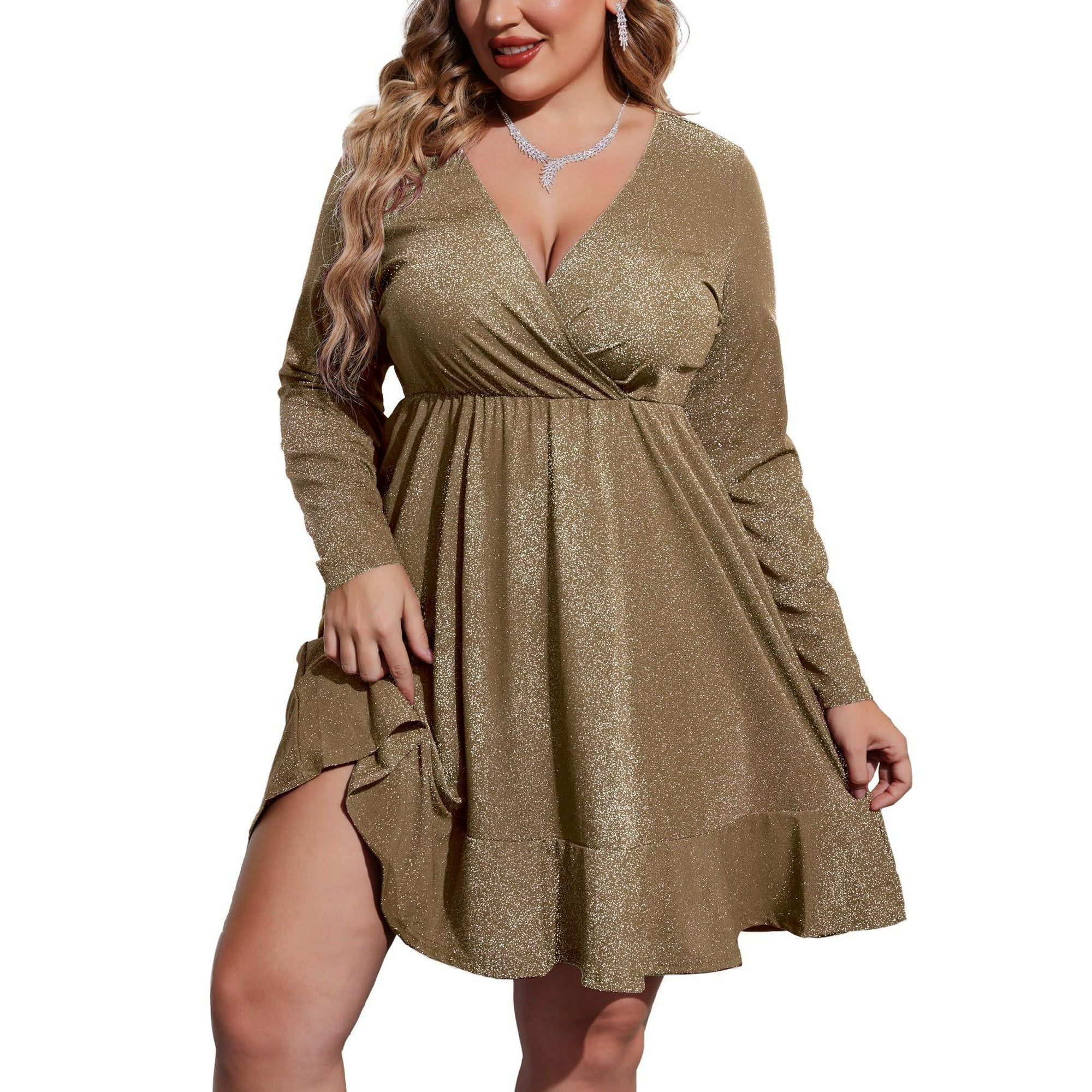 Zeagoo Plus Size Women's Sequin Glitter Dress Crushed Long Sleeve Sexy V Neck Club Party Pleated Swing Skater Dress