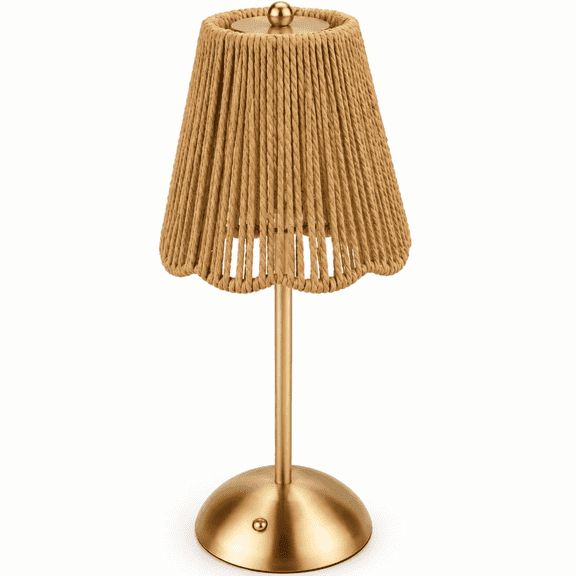 MEHOOM 12" Cordless Indoor Rattan & Gold Colored Table Lamp with Touch Switch/3 Colors Dimmer, Rechargeable & Portable Small Bedside Lamp for Bedroom, Living Room, Restaurant, Kitchen
