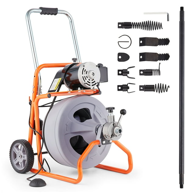 VEVOR Drain Cleaner Machine 75FT x 1/2 Inch Auto Feed with Wheels & 8 Cutters. The machine features a durable orange and grey frame with a semi-enclosed plastic drum for cable storage. Includes 75 ft steel core cable, 8 interchangeable cutters, and ergonomic handle for portability. Equipped with 7.5-inch wheels for easy movement and an air-activated foot switch for operation. Suitable for clearing blockages in pipes, sinks, and toilets in residential, commercial, and industrial settings.