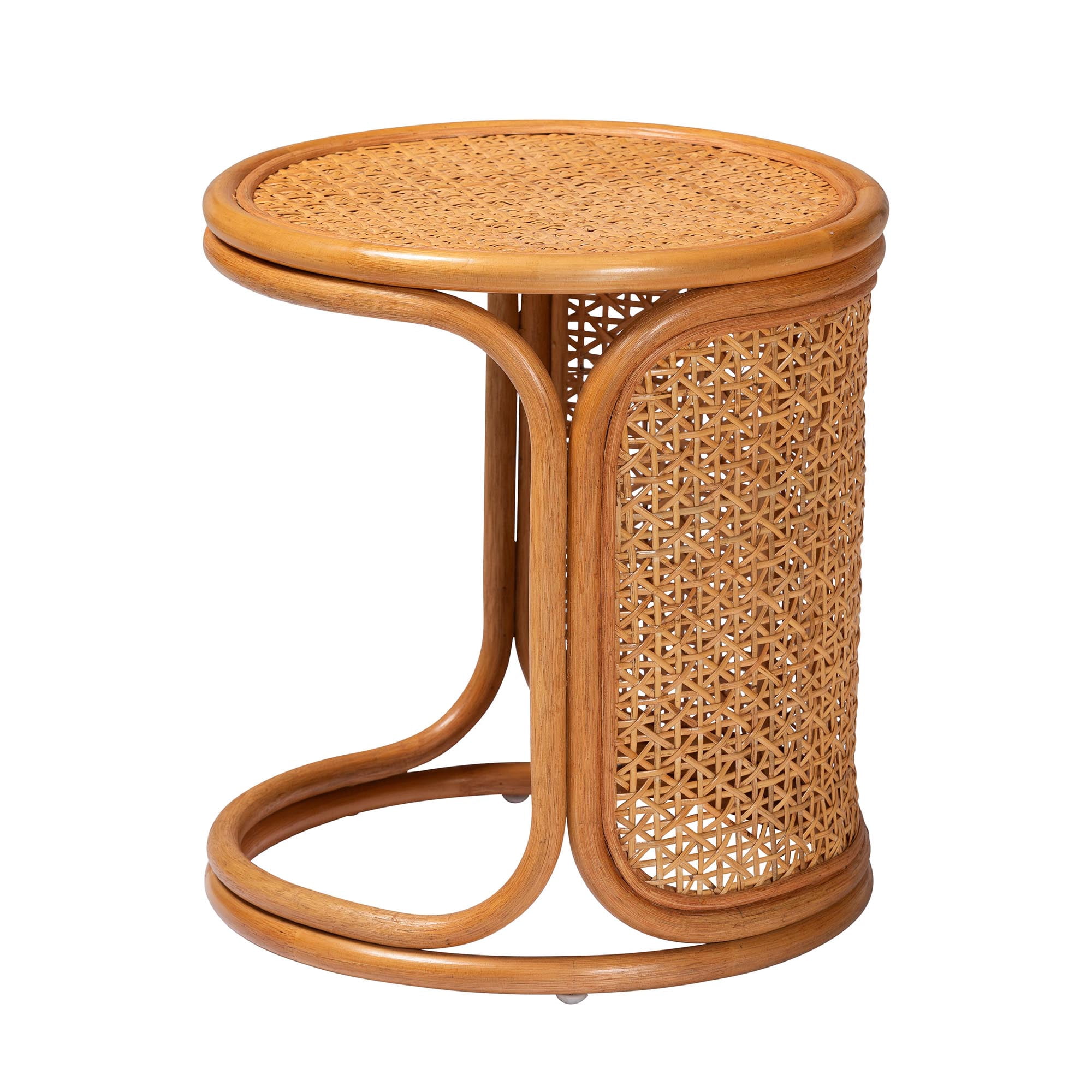 bali & pari Eldon Indoor Bohemian Natural Rattan Circle End Table, Light Honey