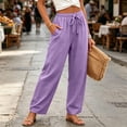thumbnail image 4 of Linen Pants Women Elastic High Waisted Drawstring Wide Leg Linen Pants Lounge Solid Color Beach Pant with Pockets, 2XL, 4 of 6