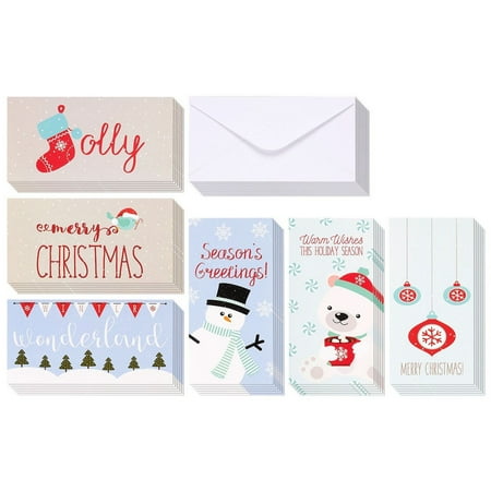 Winter Holiday Money Christmas Greeting Cards - 6 Winter Christmas Designs Including Ornaments, Polar Bears, Stockings, Snowflakes, Merry Christmas, Envelopes Included - 36 Pack - 3.5 x 7.25