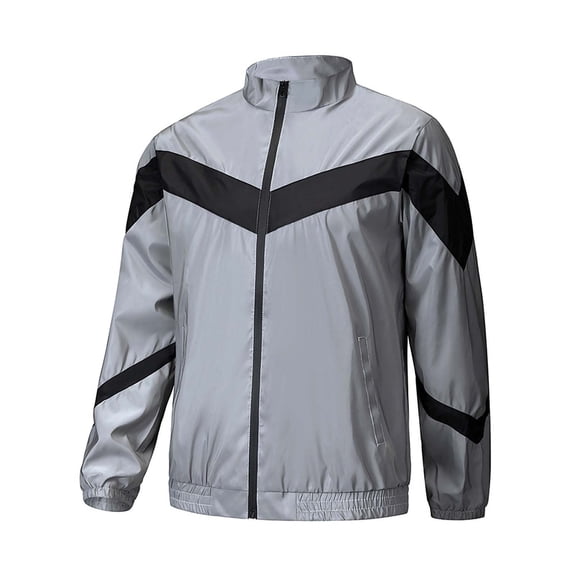WIZUTIZ Men's Stand Collar Reflective Jacket Spliced Colorblock Thin Lightweight Breathable Full-Zip Outdoor Casual Active Top