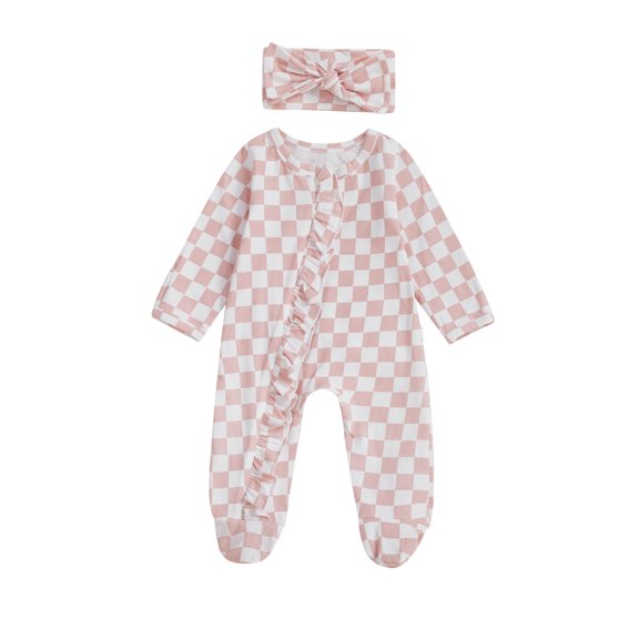 BemeyourBBs Girl Footies Bodysuit and Headband 2 Pcs Set Checkerboard Long Sleeve Romper