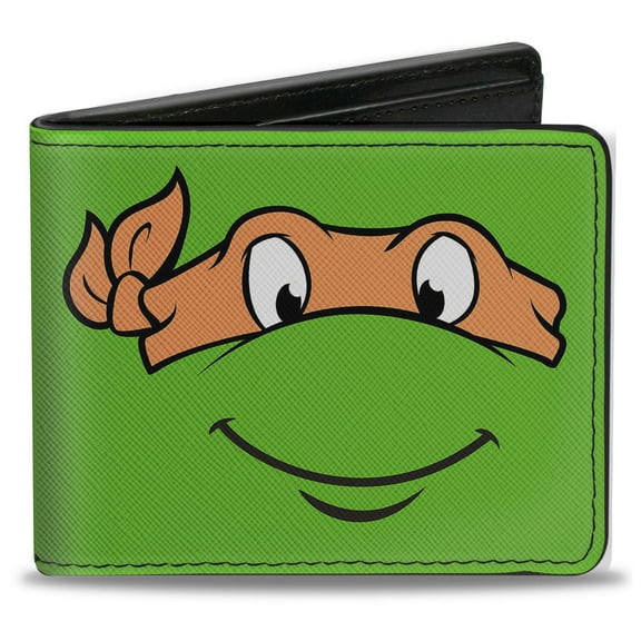 Nickelodeon Wallet, Bifold, Classic TMNT Michaelangelo Face Close Up Green Orange, Vegan Leather