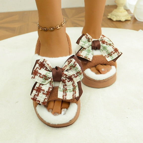 SYMSHOES Brown Plush Open Toe Slippers for Women - Thick Platform Sole & Cute Plaid Bowknot, Soft Flock Warm House Shoes for Female,Size 40