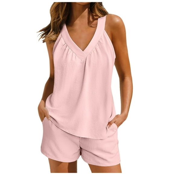 2 Piece Sets For Women Soft Pajama V Neck Pj Shorts Set With Pockets Cute Sleepwear Summer Outfits Women'S Shorts Suit Xl