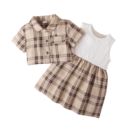

Mikrdoo Baby Girls Clothes Baby OOTD Plaid Polo Shirts Sleeveless Dress 2Pcs Outfits Brown 18-24 Months