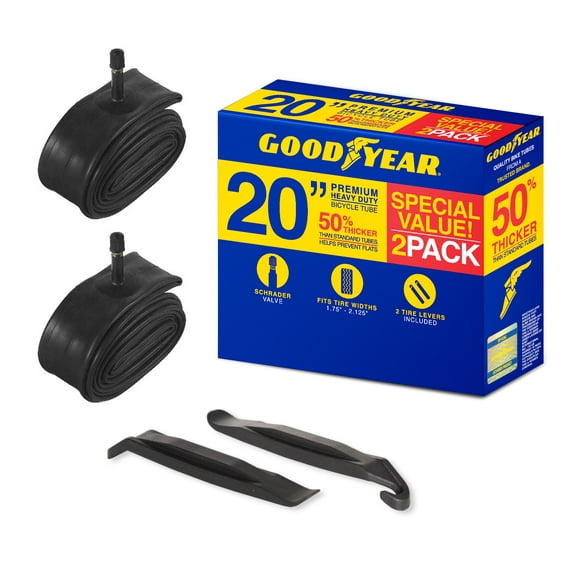 Goodyear 20" x 1.75-2.125 Heavy Duty Bike Tube, Standard Schrader Valve, 2 Pack