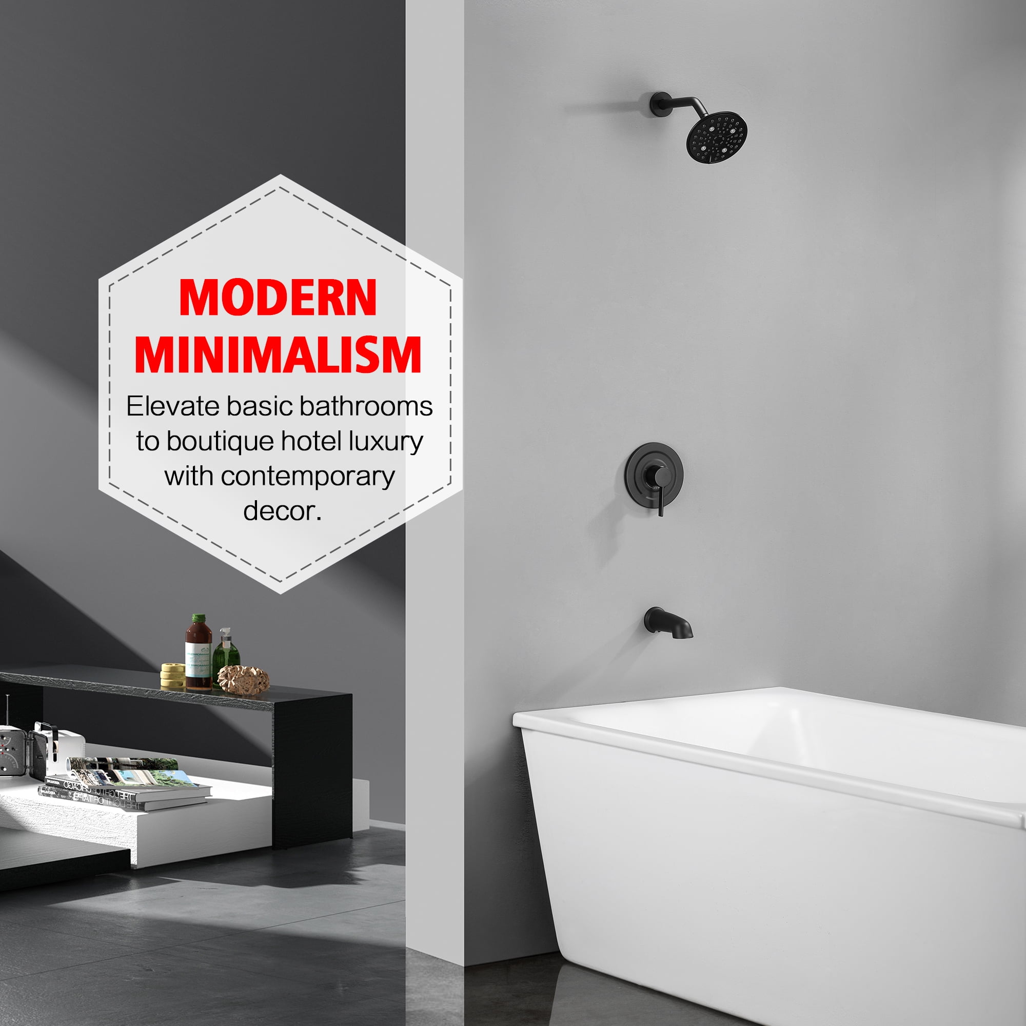 sumerain Matte Black Bathtub Shower Faucet Set With Valve, High-Flow Tub and Shower Trim Kit with Rain Shower Head and Spout