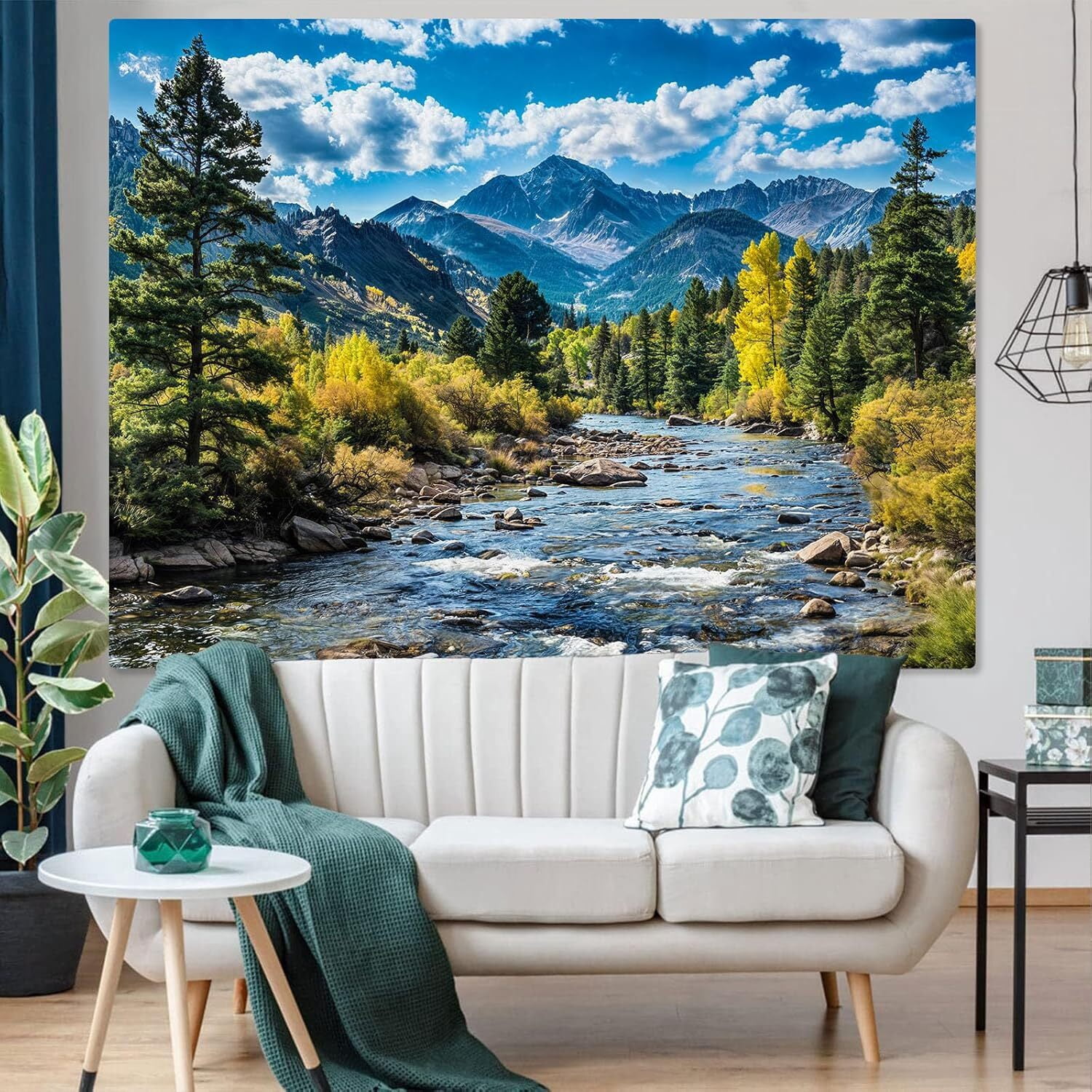 Nature Forest Mountain Tapestry Green Pine Tree Tapestry for Bedroom Aesthetic White Clouds Flowing River Landscape Classroom Tapestries Wall Hanging for Living Room Dorm Office90x60in