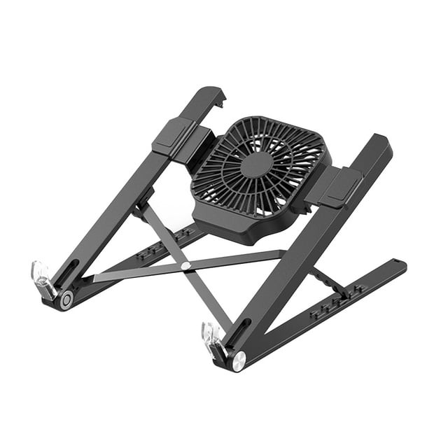 Tignapoo Portable Laptop Stand with Adjustable Heights and Cooling Fan - Foldable Desktop Computer Riser for Laptops Up to 17 Inches - Black Aluminum Alloy and ABS Design