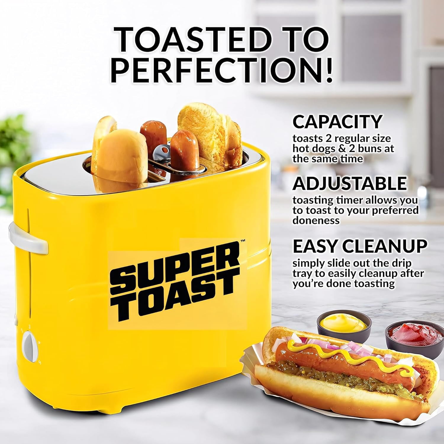 Hot Dog Toaster:Hot Dog Toaster and Bun Toaster,Toaster 2 Slice Wide Slot with Grill Timer,Stainless Steel Toaster for Sausages, Bacon and Bread Slices