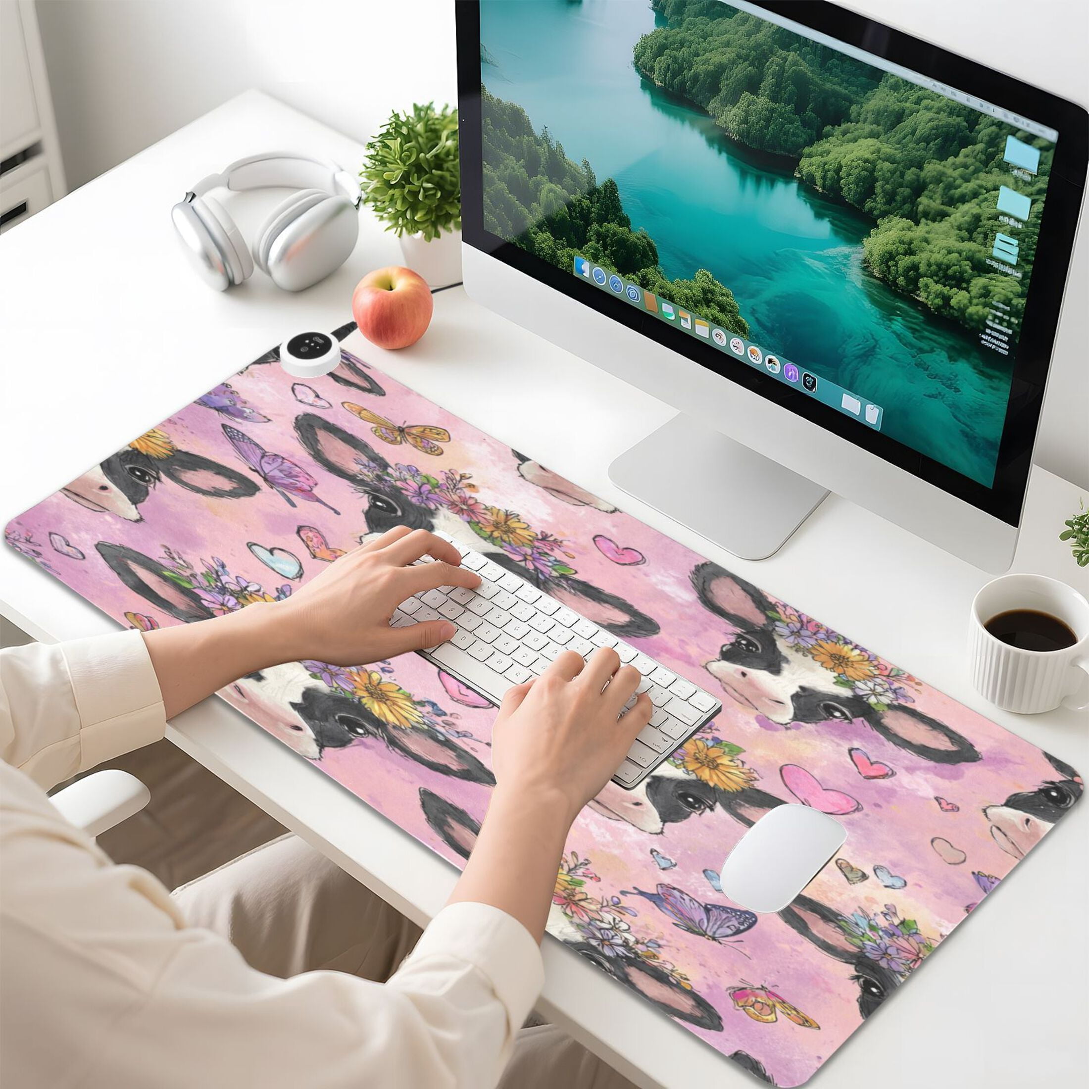Large Heated Desk Mat Mouse Pad 31.5"x13"PU Leather Graphene Heating Desk Warmer with 3 Temperature Settings 110V US Plug Non-Slip Warm Pad for Home, Office, and Gaming Beautiful Cows with Flowers