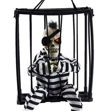 Halloween Horror Decorations,Hanging Caged Animated Jail Prisoner Skeleton with Motion Sensor Voice Activated Scary Spooky Halloween