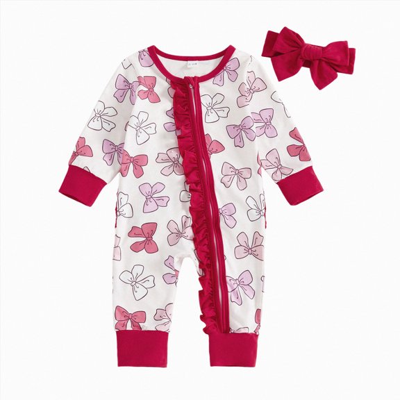 3-6 Months Infant One-Piece Romper Baby Girls Bodysuits With Cute Bow Prints Long Sleeve Sleeper Jumpsuit Red Newborn Gift